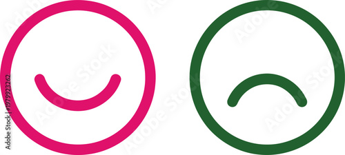 Pink happy smiley and green sad unhappy face icons representing positive and negative human user feedback