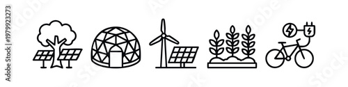 Line art icons for sustainability and green energy: tree, solar panels, dome, wind turbine, plants, bicycle.