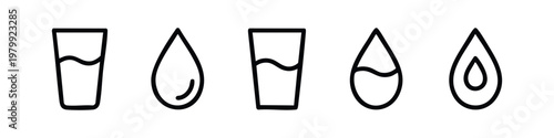 Line art icons of water: glasses of water and water drops.
