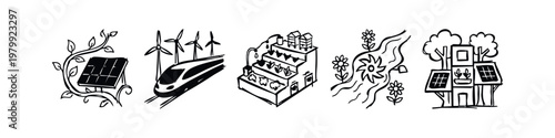 Doodle illustrations of green technology and sustainable living: solar panel, train, hydroponics, water wheel, eco-house.
