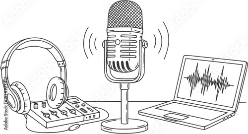 Detailed line art illustration of a complete audio recording studio setup, featuring a vintage microphone, headphones, mixer, and laptop displaying sound waves, perfect for podcasting and broadcasting