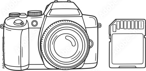 Clean and simple black and white vector outline of a high-tech digital camera paired with a memory card, ideal for photography equipment graphics and tech-related design projects