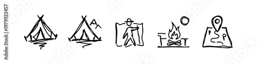 Hand-drawn Camping and Navigation Doodle Icons Set with Tents Scout Map and Bonfire
