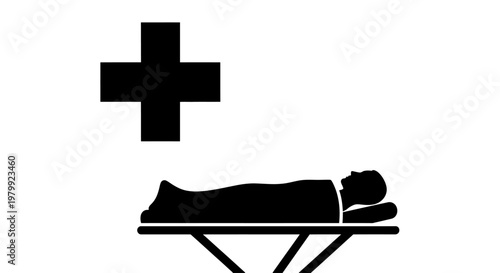 A medical illustration of a patient lying on a hospital gurney with a cross above
