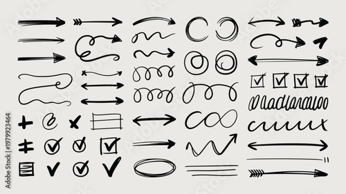 Collection of hand drawn arrows doodles and scribbles in black ink style