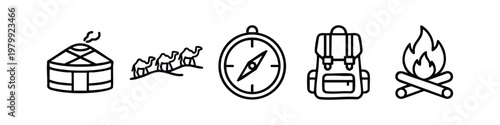 Minimal Line Art Adventure and Nomadic Travel Icon Set with Yurt Camels Compass Backpack and Fire