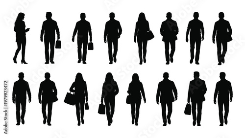 A collection of black silhouettes depicting diverse people walking and carrying bags representing urban life and movement high quality professional detailed