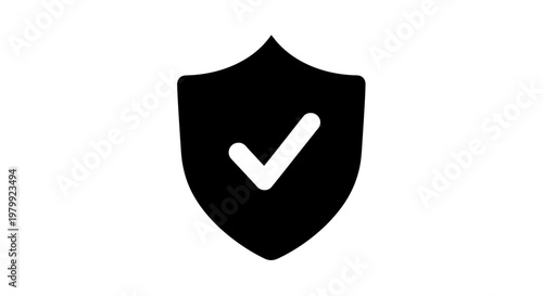 A black shield icon with a white checkmark on a clean white background