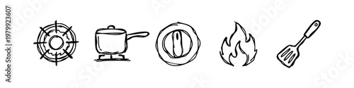 Hand-drawn Cooking and Kitchen Equipment Doodle Icons Set with Stove Pot Flame and Spatula