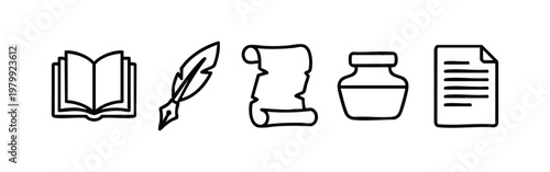 Clean Line Art Literature and Vintage Writing Icon Set with Book Quill Scroll and Inkwell
