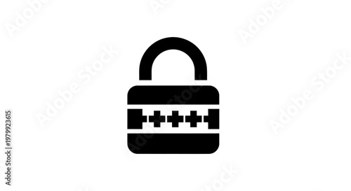 A black padlock icon with a password symbol on a white background representing security and protection