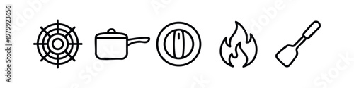 Minimal Line Art Cooking and Culinary Tool Icon Set with Stove Pot and Spatula