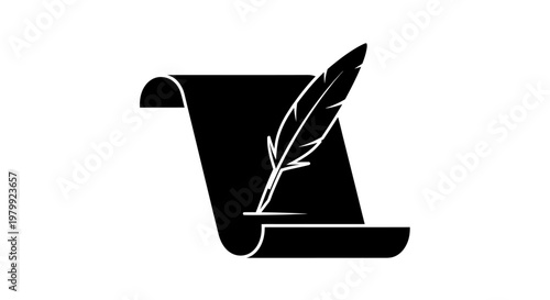A stylized black and white logo featuring a feather quill pen on a scroll