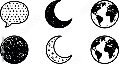 Black and white moon earth and speech bubble vector icons set