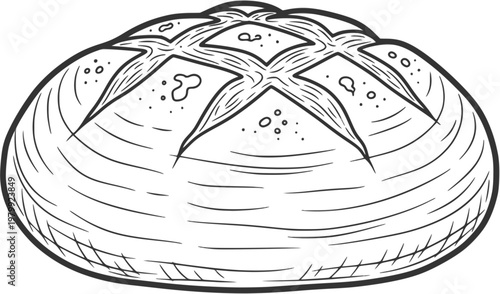 Detailed hand-drawn line art depicting a rustic round loaf of artisanal bread, perfect for a vintage bakery design or a culinary illustration project