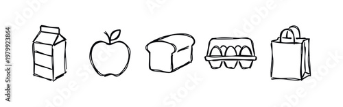 Hand-drawn Grocery and Food Shopping Doodle Icons Set with Milk Apple Bread and Eggs