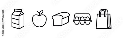 Minimal Line Art Grocery and Market Shopping Icon Set with Milk Fruit Bread and Eggs