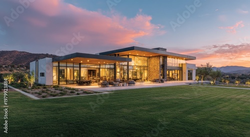 Modern Luxury Resort Building at Sunset with Dramatic Sky.
