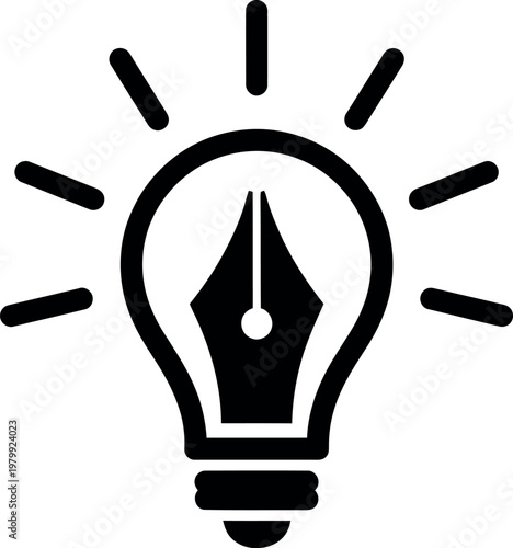 Black light bulb icon with pen nib inside