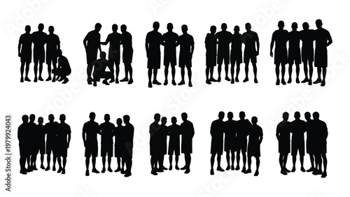 A collection of black silhouette figures depicting diverse groups of men in various casual poses and arrangements high quality professional detailed