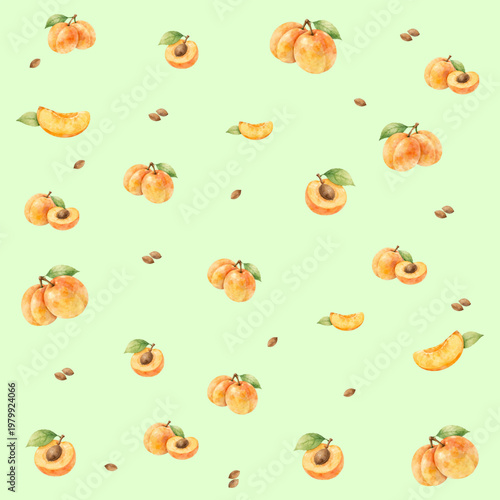 Seamless watercolor pattern with ripe apricots and slices. Sweet fruit design for fabric, kitchen decor, wrapping paper, packaging and summer themes.