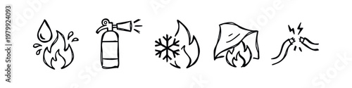 Hand-drawn icons: Water droplet, fire, fire extinguisher, snowflake, blanket on fire, broken cable.