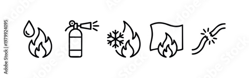 Vector icons: Water droplet, fire, fire extinguisher, snowflake, blanket on fire, broken cable.