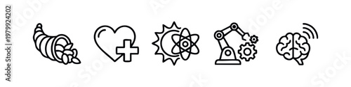 Vector icons: Cornucopia, heart with cross, atom symbol, robot arm, brain.