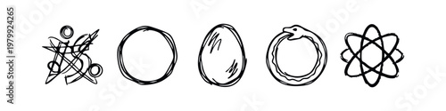 Hand-drawn icons: Abstract shapes, circle, oval, ouroboros, atom.