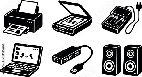 Printer scanner battery charger laptop usb hub and speakers