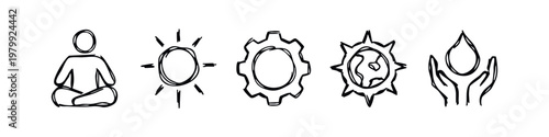 Hand Drawn Wellness and Sustainability Icon Set Featuring Meditation Sun Cog Earth and Nature Elements