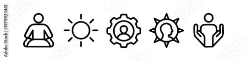 Minimalist Line Icon Set for Wellness Human Resources and Environment Showing Meditation Sun Cog and Person