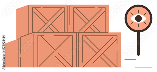 Shipping logistics, product tracking, quality control, supply chain, freight management, warehouse organization. Wooden crates in a stack with a magnifying glass symbol. Shipping logistics