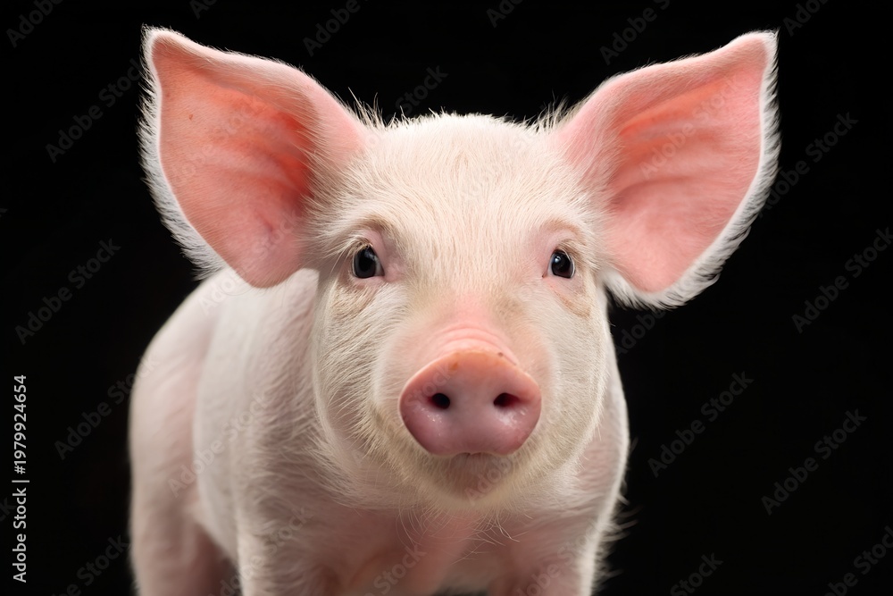 Fototapeta premium Cute pink piglet standing on farm grass in agriculture setting
