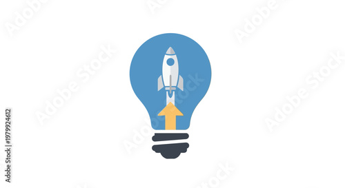 Rocket Ship Inside Light Bulb Icon.