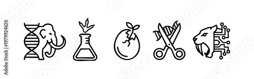 Clean Line Icon Set for Biotechnology Evolution and Genetics Featuring Mammoth DNA and Bioengineering Symbols