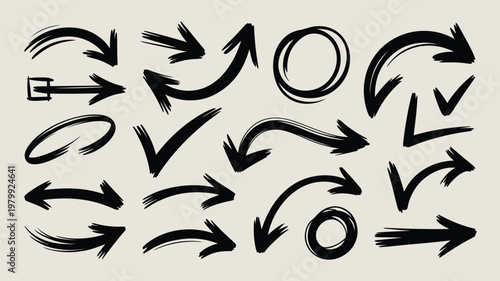 Collection of hand drawn black arrows and circular elements on a beige background