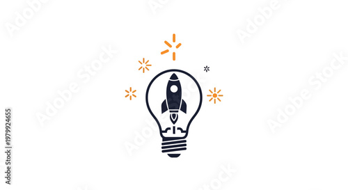 Rocket ship inside light bulb illustration.