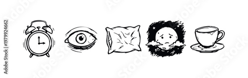 Hand Drawn Insomnia and Sleep Deprivation Icon Set with Alarm Clock Tired Eye and Sad Moon Sketches