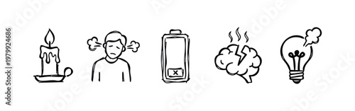 Hand Drawn Occupational Burnout and Stress Icon Set Showing Exhaustion Brain Damage and Low Energy