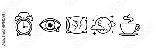 Minimalist Line Icons Representing Insomnia Sleep Disorders and Morning Fatigue with Alarm Clock and Coffee
