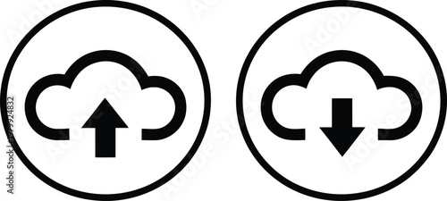 Simple black circular icons showing cloud upload and download arrows for modern web user interface navigation