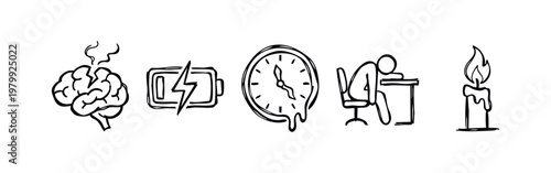 Doodle Icons: Hot Brain, Low Battery, Melting Clock, Tired Person, Candle