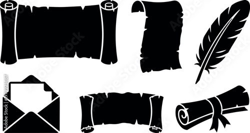 Black and white vintage scroll feather quill and envelope vector art