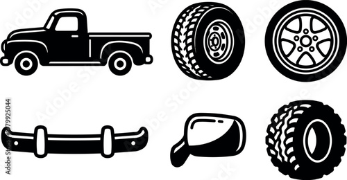 Black silhouette retro pickup truck tire rim bumper mirror vector art