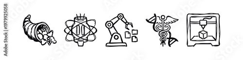 Doodle Icons: Cornucopia, Atom, Robot Arm, Caduceus, 3D Printer