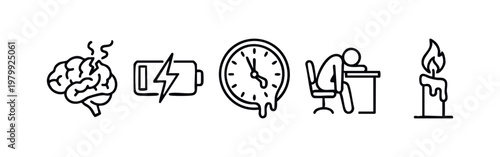 Outline Icons: Hot Brain, Low Battery, Melting Clock, Tired Person, Candle