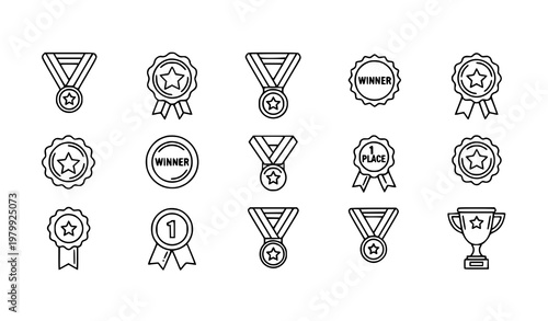 Modern Medal Line Icon Set Premium Award Badge Outline Symbols Isolated on White Background Vector Illustration