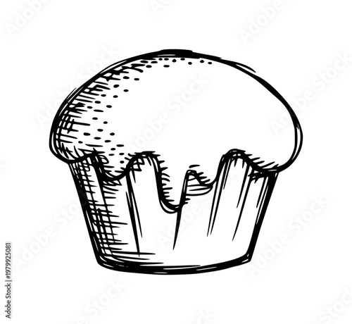 Hand-drawn of a single muffin with a rounded a white background, cupcake food baking