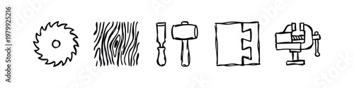 Doodle Icons: Saw Blade, Wood Grain, Chisel, Mallet, Dovetail Joint, Vise